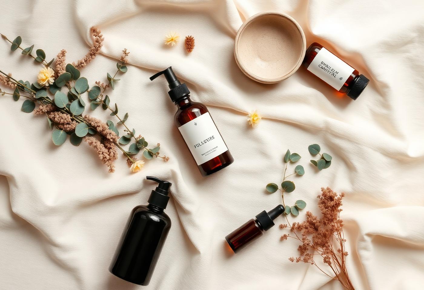 Overhead flatlay of luxury wellness products on cream linen