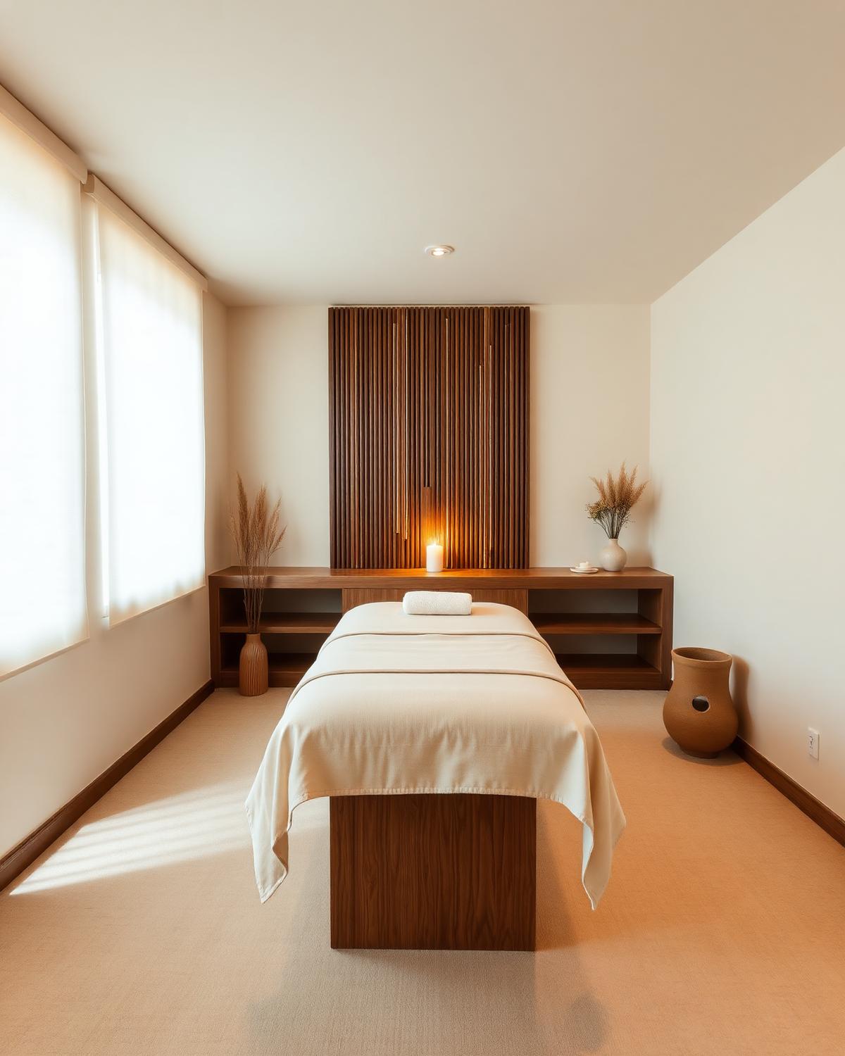 Minimalist luxury spa treatment room with linen and wood